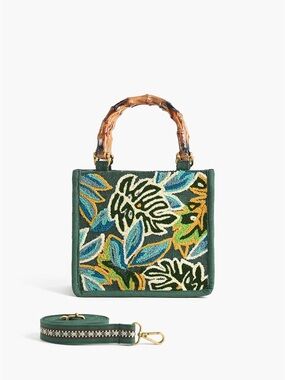 Green Embroidered Bamboo-Handle Floral Satchel